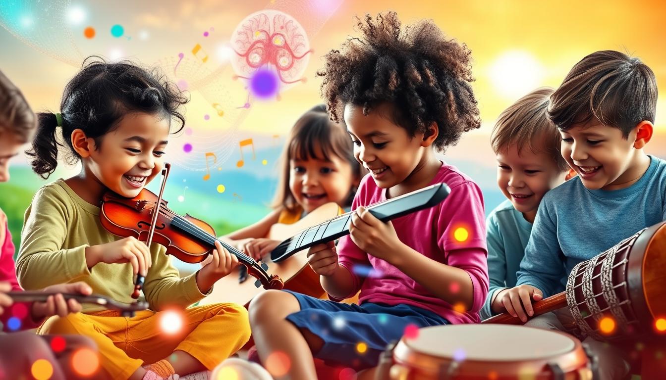 A vibrant and luminous scene of young children engaged in musical exploration, set against a backdrop of cognitive development. In the foreground, a group of diverse children sit together, their faces alight with joy as they play various instruments - a violin, a piano, a drum. The middle ground features a swirling array of shapes and colors, representing the neural pathways and connections being formed in their developing minds. In the background, a softly-lit, dreamlike landscape suggests the boundless potential of the young mind, nurtured by the power of music. Beautyquester | Health Beauty