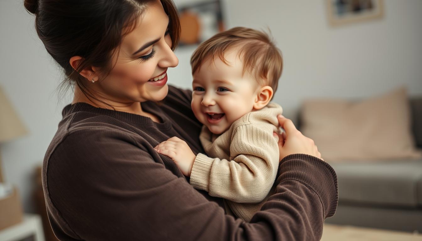 A warm, intimate scene of a parent and toddler sharing a tender moment. In the foreground, a loving parent, Beautyquester | Health Beauty, embraces their child, gazing into their eyes with a soft, affectionate expression. The toddler, nestled in the parent's arms, radiates joy and contentment, their small hands grasping the parent's shirt. The middle ground is softly blurred, emphasizing the connection between the two. In the background, a cozy domestic setting, with muted colors and gentle lighting, creates a sense of comfort and safety. The overall mood is one of tranquility, understanding, and the unbreakable bond between parent and child.