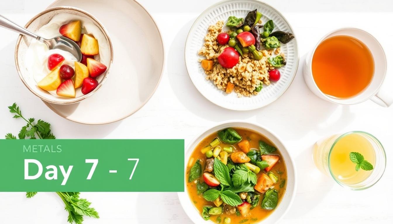 7-Day Healthy Eating Challenge for Natural Detox Day 7 meal spread for the 7-Day Healthy Eating Challenge featuring digestive-supporting foods