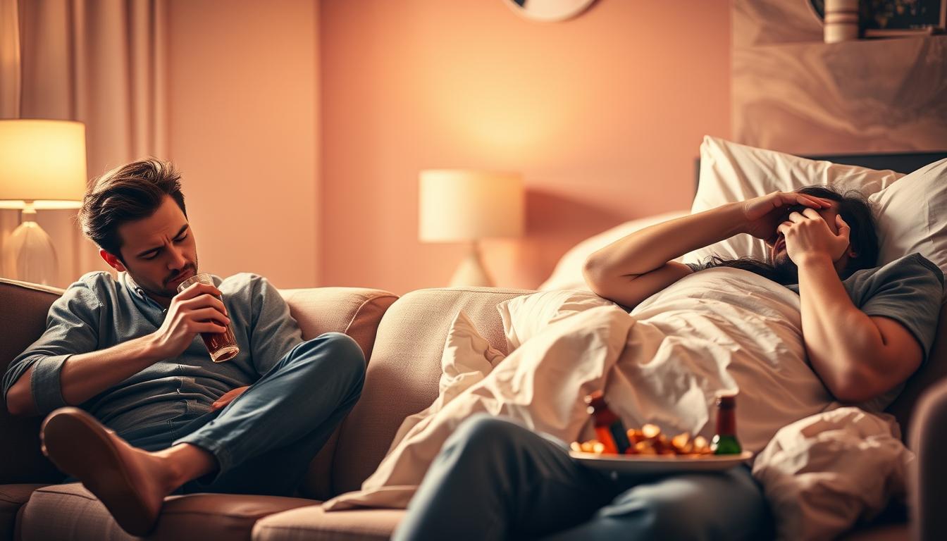 Beautyquester | Health Beauty A scene depicting common lifestyle factors that can worsen heartburn. In the foreground, a person slouched on a couch, snacking on spicy, greasy foods and sipping a caffeinated beverage. In the middle ground, a person lying in bed, struggling with reflux after a heavy, late-night meal. In the background, a person stressed and anxious, a common aggravator of digestive issues. The lighting is warm and hazy, creating a sense of discomfort. The composition emphasizes the interconnectedness of daily habits and heartburn.
