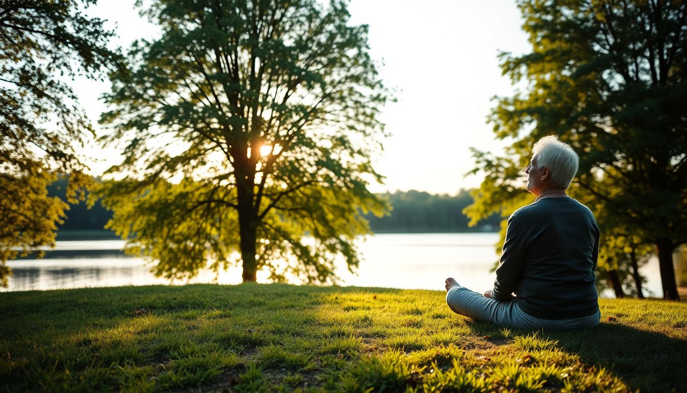 A serene outdoor scene with a person in the foreground sitting cross-legged on a grassy knoll, gazing thoughtfully into the distance. Soft natural lighting filters through lush green trees in the middle ground, casting a warm glow. In the background, a tranquil lake reflects the sky's hues, creating a calming, reflective atmosphere. The person's posture and expression convey a sense of inner peace and focus, symbolizing effective strategies for mental health and wellness in the later stages of life.