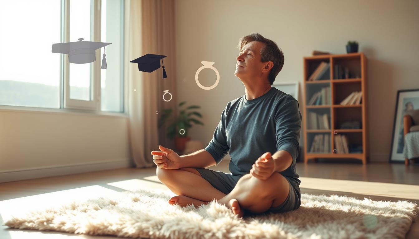 A serene, sunlit room with a large window overlooking a tranquil landscape. In the foreground, a middle-aged person sits cross-legged on a plush rug, eyes closed in contemplation, their expression one of calm introspection. Surrounding them, floating transparent shapes and symbols represent the various life transitions they navigate - a graduation cap, a wedding ring, silhouettes of family members. The lighting is soft and warm, casting a gentle glow throughout the scene. In the background, a bookshelf and a few framed photos hint at the individual's rich life experiences. An atmosphere of thoughtful reflection and personal growth pervades the image.