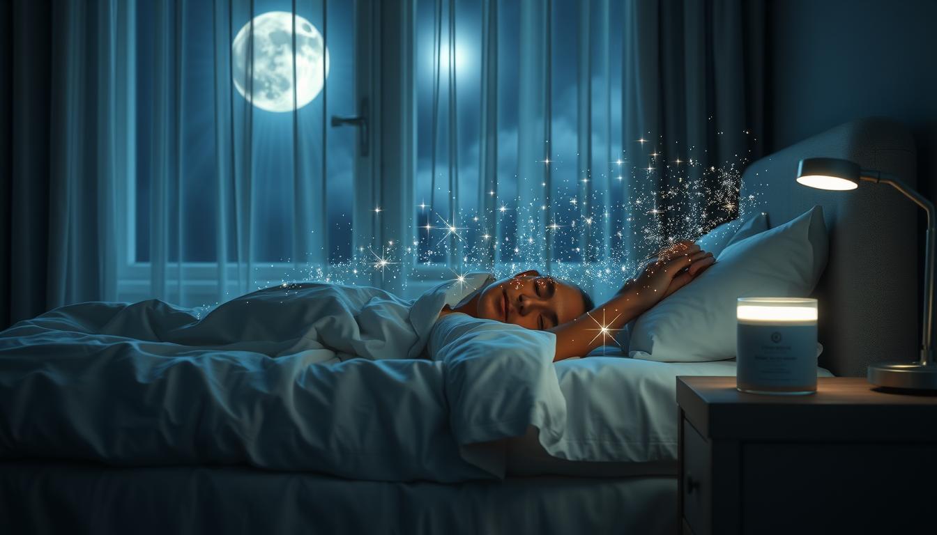 A tranquil bedroom scene at night, moonlight filtering through sheer curtains, casting a soft glow on a luxurious bed where a person lies asleep. Gentle streams of sparkling energy emanate from the sleeping figure, visually representing the powerful anti-aging benefits of this deep, restorative sleep. On a nightstand, a Beautyquester | Health Beauty sleep therapy product glows with a subtle light, emphasizing its transformative promise. The overall atmosphere is calming, serene, and suggestive of the rejuvenating power of this anti-aging sleep therapy.