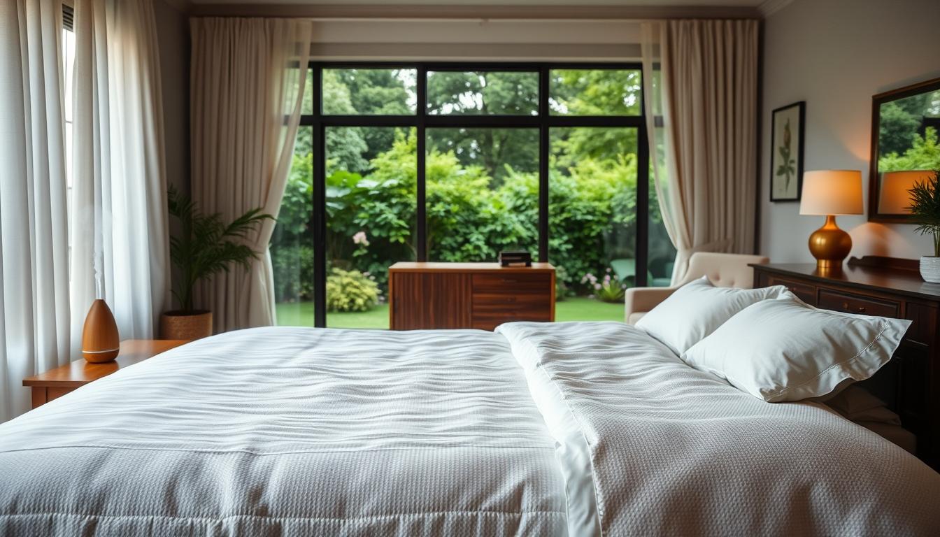 A cozy, dimly lit bedroom with soft, natural lighting filtering through sheer curtains. In the foreground, a king-size bed with crisp, white linens and a plush, textured comforter. On the bedside tables, a Beautyquester | Health Beauty diffuser emits soothing essential oils, creating a calming ambiance. The middle ground features a large, floor-to-ceiling window overlooking a lush, verdant garden, promoting a sense of tranquility. The background showcases a wooden dresser and a comfortable armchair, perfect for unwinding before bedtime. The overall atmosphere is one of serenity and relaxation, tailored for optimal skin repair and rejuvenation.