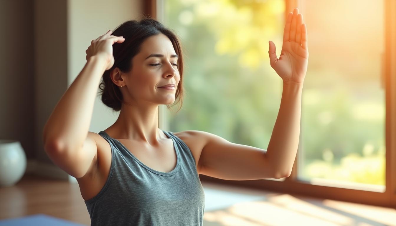 Person practicing yoga for stress reduction to improve gut health and overall wellness