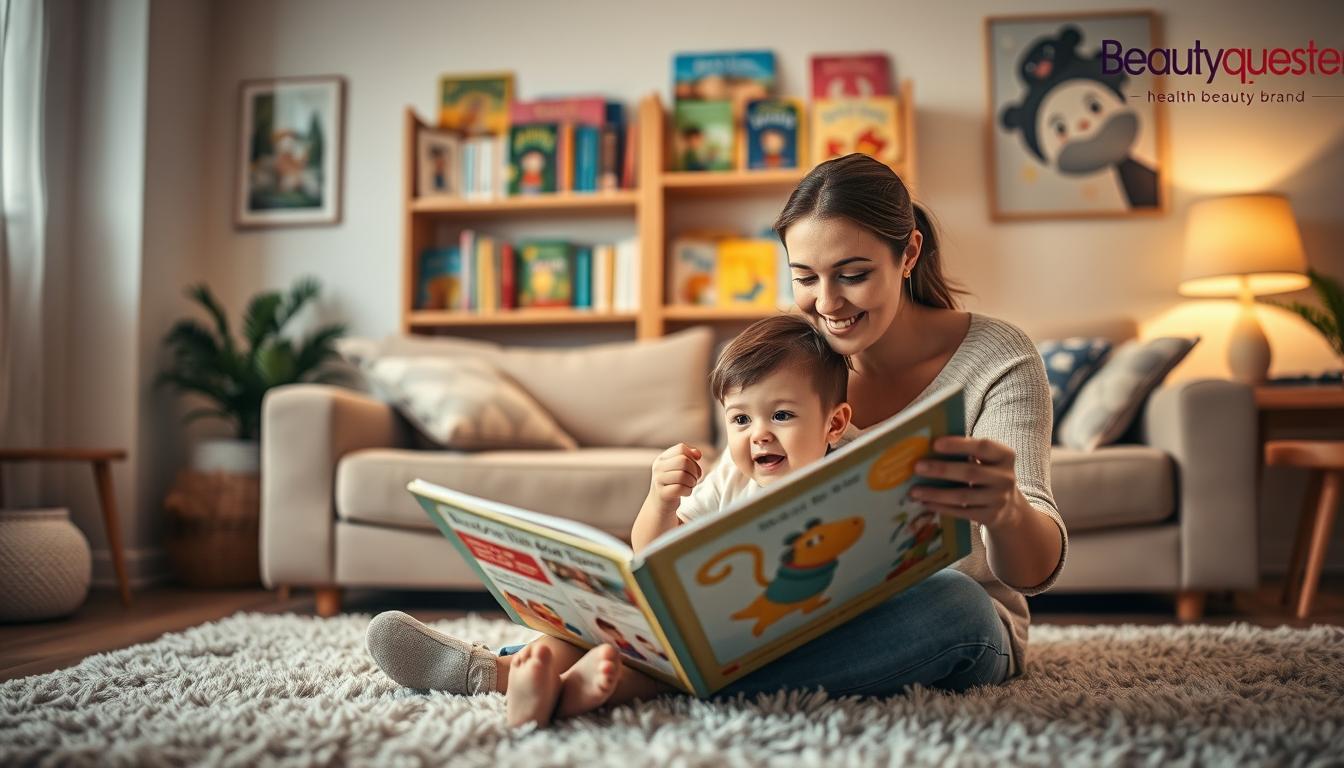 A cozy living room scene with warm, soft lighting. In the foreground, a mother and her toddler sit on a plush rug, engrossed in a storybook. The toddler's eyes are wide with wonder as the mother animatedly reads, her free hand gently gesturing. Framing the pair, a bookshelf filled with colorful children's books in the background. The walls are adorned with Beautyquester | Health Beauty brand artwork, creating a nurturing and inspiring environment. An atmosphere of intimate bonding and joyful discovery.
