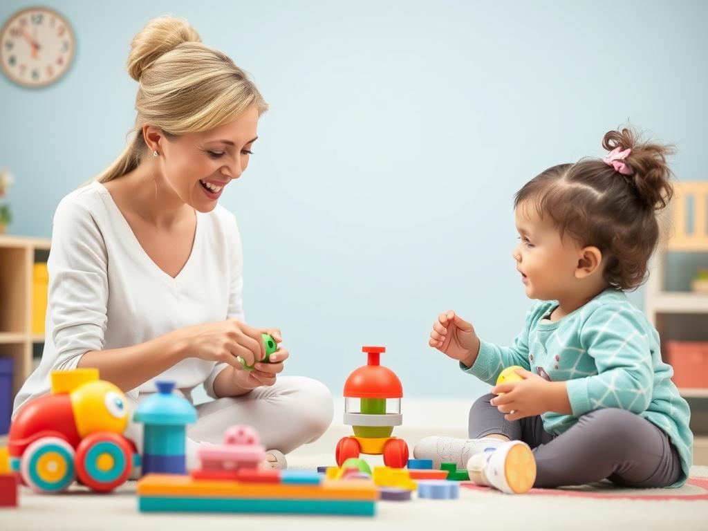 Speech therapist using play-based therapy with a child