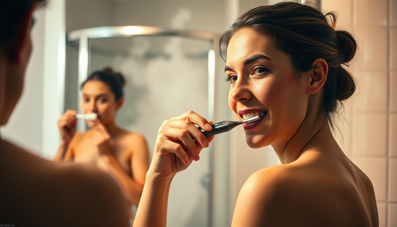 A well-lit, detailed scene of a person engaged in various personal grooming habits. In the foreground, a person stands before a bathroom vanity, applying moisturizer to their face with a soft, circular motion. In the middle ground, they brush their teeth with a sleek, electric toothbrush, their expression calm and focused. In the background, a shower enclosure can be seen, steam gently billowing from within, suggesting a soothing, restorative bathing routine. The lighting is soft and warm, casting a gentle glow on the scene, creating a sense of tranquility and self-care. The overall atmosphere is one of mindful, intentional personal hygiene - a visual representation of the article's focus on daily habits that enhance self-image and well-being.