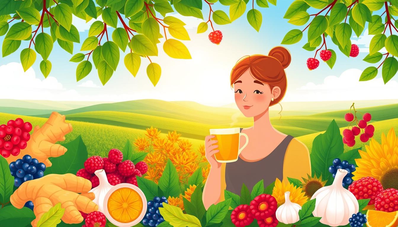 Naturally Boost Your Immunity: Effective Tips and Tricks Beautyquester | Health Beauty A vibrant, cheerful illustration depicting the natural ways to boost immunity. In the foreground, a person sipping herbal tea while surrounded by various superfoods and plant-based remedies - ginger, turmeric, garlic, berries, and leafy greens. The middle ground showcases a lush, garden-like setting with sunlight streaming through the leaves, highlighting the bounty of nature's immunity-boosting offerings. In the background, a serene, calming landscape with rolling hills and a clear sky, conveying a sense of tranquility and well-being. The overall mood is one of vitality, harmony, and a celebration of the power of natural solutions for strengthening the immune system.