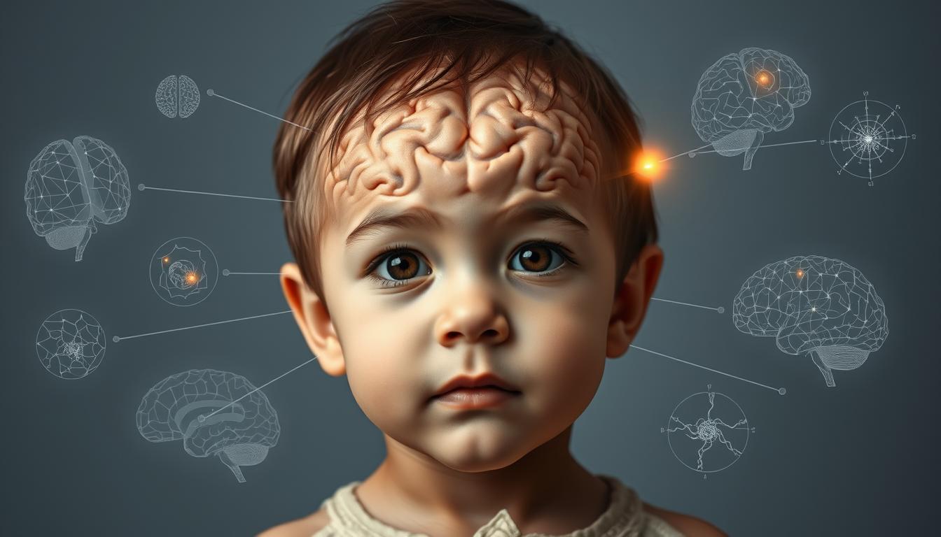 A detailed portrait depicting the stages of brain development in children, showcasing the critical connection between sleep and cognitive growth. The scene features a central figure of a young child, their head subtly illuminated by a soft, warm light that accentuates the intricate folds and contours of the developing brain. Surrounding the child are transparent overlays depicting the various stages of brain maturation, from the earliest neural connections to the more complex networks that emerge over time. The background is muted, allowing the viewer to focus on the subject and the compelling visual narrative of the child's cognitive journey. Beautyquester | Health Beauty