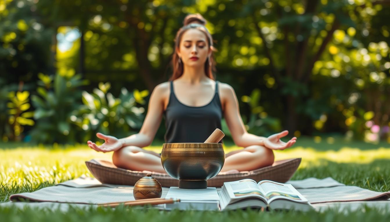 Beautyquester | Health Beauty A serene garden setting, sunlight filtering through lush foliage. A person sits cross-legged on a meditation cushion, eyes closed, hands resting gently on their lap. Their expression is one of deep calm and focus. In the middle ground, a collection of mindfulness tools - a singing bowl, incense, and a book on meditation techniques. The background is blurred, creating a sense of tranquility and inner peace. The overall atmosphere is one of relaxation and stress relief, inviting the viewer to engage in their own mindfulness practice.