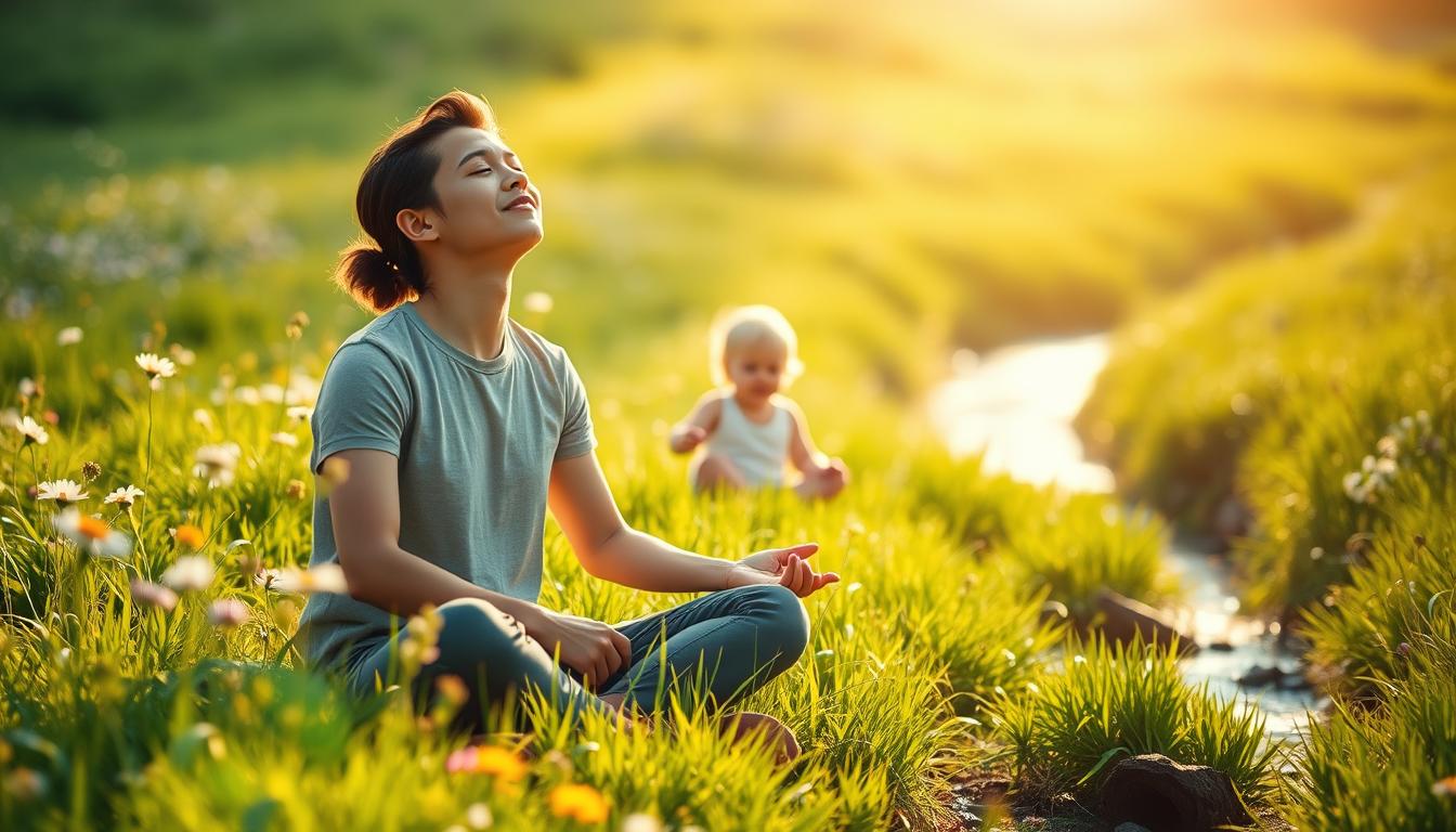 A tranquil, sun-dappled meadow with lush, vibrant grass and blooming wildflowers, a serene stream gently meandering through the scene. In the foreground, a parent seated cross-legged, eyes closed, basking in the warmth of the golden light, inner peace and rejuvenation etched upon their face. Behind them, a child plays contentedly, surrounded by nature's beauty. The overall atmosphere is one of balance, harmony, and the nurturing of both parental and child wellbeing. Beautyquester | Health Beauty