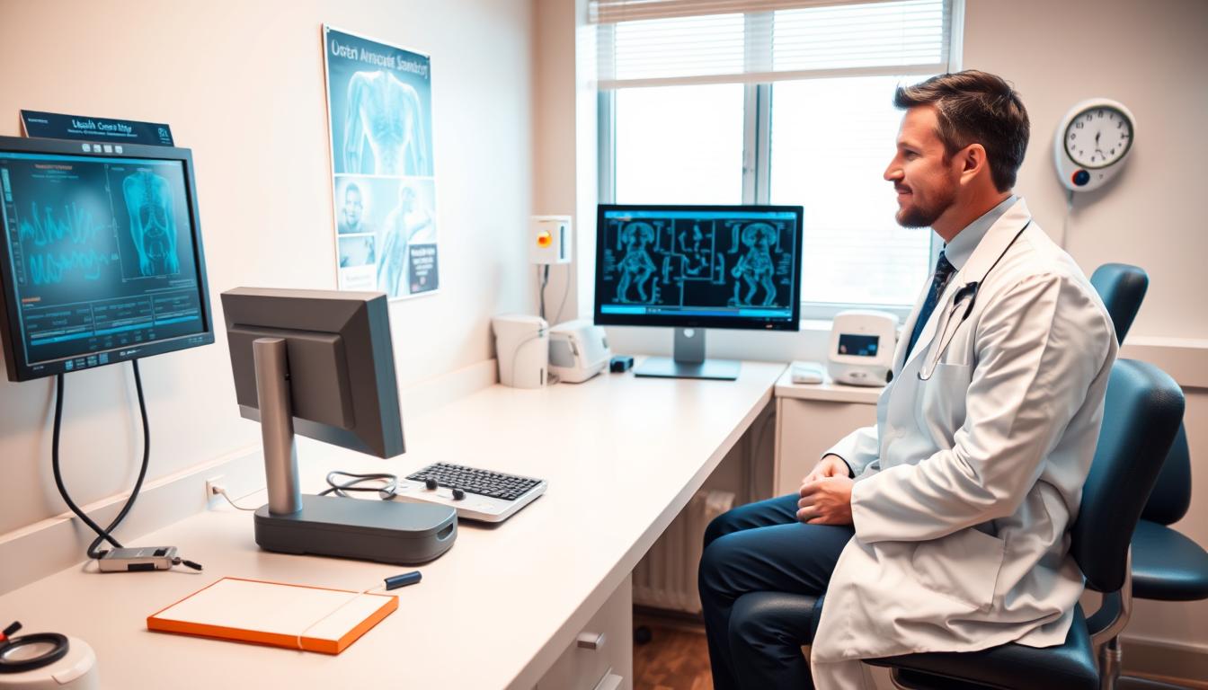 A high-quality image of a medical examination room, with a male patient in his 30s sitting on an examination table, talking to a male doctor in a white coat. The room is well-lit with natural light from a large window, creating a warm and inviting atmosphere. On the counter, there are various medical instruments and a computer monitor displaying diagnostic information. In the foreground, the patient's face is visible, conveying a sense of trust and comfort with the doctor. In the background, medical posters and a wall-mounted blood pressure monitor add to the professional medical setting. The scene has a Beautyquester | Health Beauty atmosphere, reflecting the importance of regular health screenings for men after 30.
