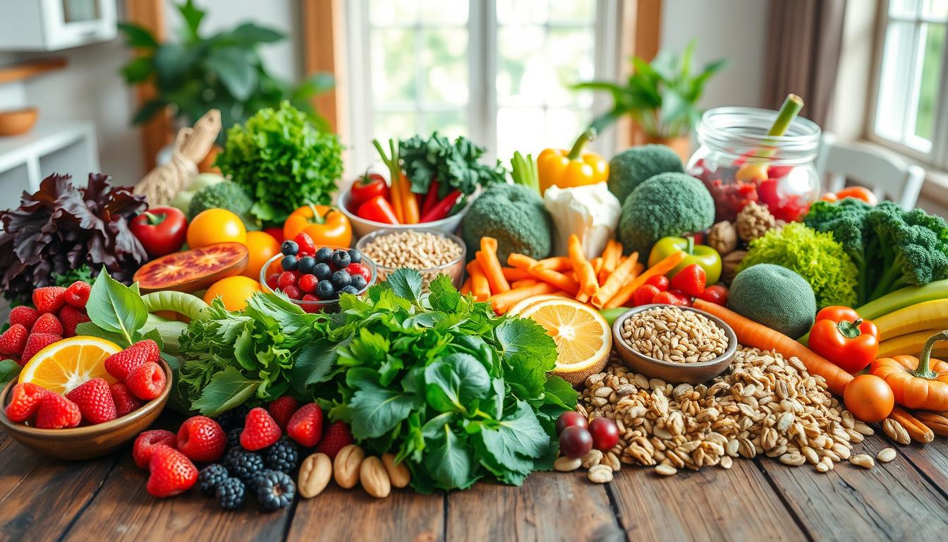 Naturally Boost Your Immunity: Effective Tips and Tricks A colorful spread of vibrant, nutrient-dense foods arranged artfully on a rustic wooden table. In the foreground, a variety of leafy greens, berries, citrus fruits, and nuts, all known for their immune-boosting properties. In the middle ground, a combination of colorful vegetables like bell peppers, carrots, and broccoli, complemented by whole grains and legumes. In the background, a backdrop of natural light, creating a warm, inviting atmosphere. The scene is captured with a wide-angle lens, showcasing the abundance and diversity of these Beautyquester | Health Beauty immune-boosting foods.