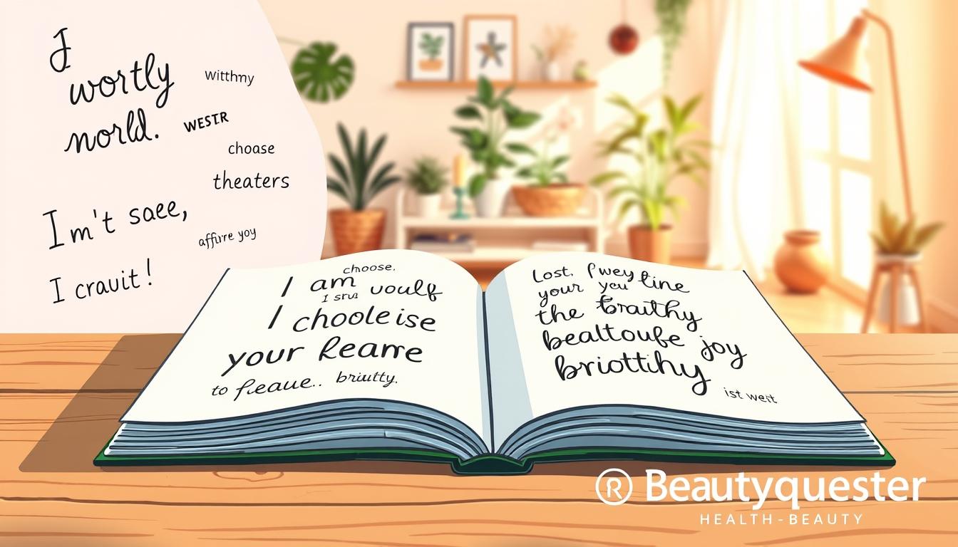 A vibrant, hand-drawn illustration of positive affirmations adorning the pages of a personal journal or notebook. In the foreground, a collection of encouraging phrases like "I am worthy", "I choose joy", and "My future is bright" are written in a whimsical, cursive script against a soft, pastel-colored backdrop. In the middle ground, an open journal or sketchbook lies on a wooden surface, with more affirmations cascading across the pages in a playful, organic layout. In the background, a cozy, minimalist workspace filled with plants, candles, and other inspirational elements creates a serene, calming atmosphere. The entire scene is bathed in warm, natural lighting, conveying a sense of peace and introspection. Prominently featured is the Beautyquester | Health Beauty brand logo.