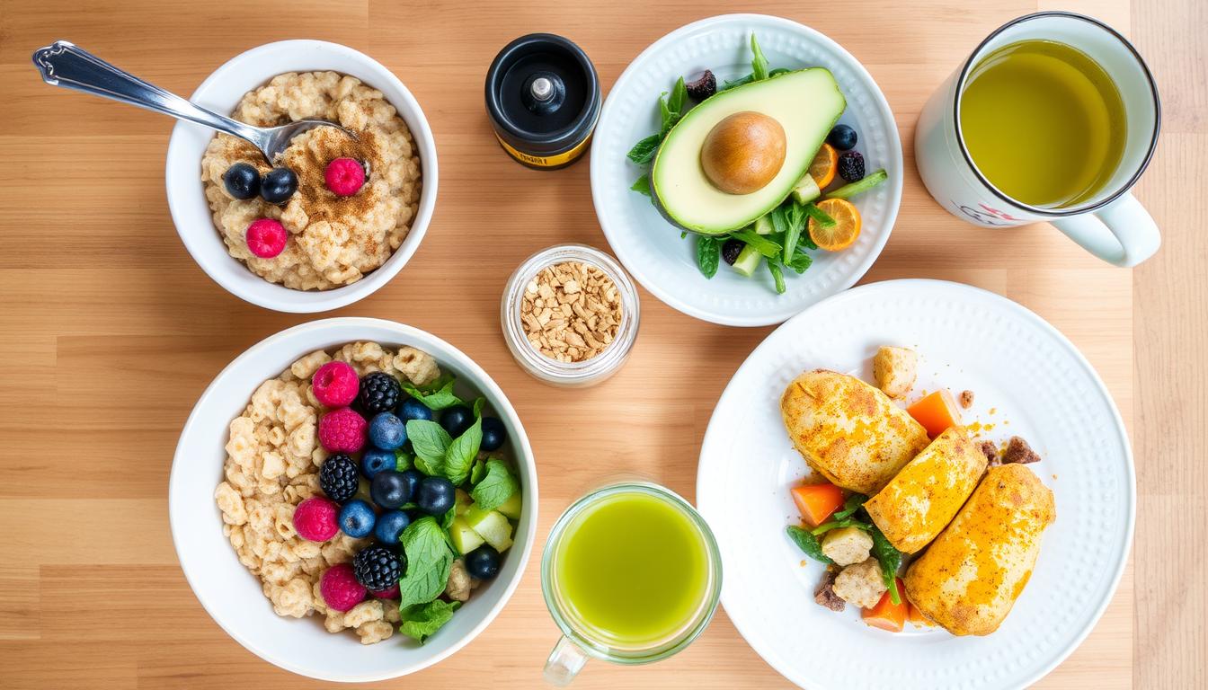 7-Day Healthy Eating Challenge for Natural Detox Day 4 meal spread for the 7-Day Healthy Eating Challenge featuring anti-inflammatory foods