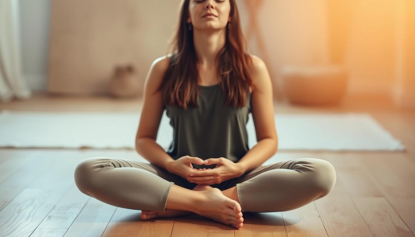 Beautyquester | Health Beauty A serene, softly lit scene, depicting a person sitting cross-legged on the floor, eyes closed, engaged in a breathing exercise. The foreground features their hands resting gently on their lap, their shoulders relaxed. The middle ground shows a minimalist, natural-toned setting, with a cozy, earthy aesthetic, perhaps a wooden floor or a sparse, calming backdrop. The background is blurred, creating a sense of tranquility and focus. Warm, golden lighting filters through, casting a peaceful glow on the scene. The overall mood is one of tranquility, mindfulness, and the activation of the relaxation response.