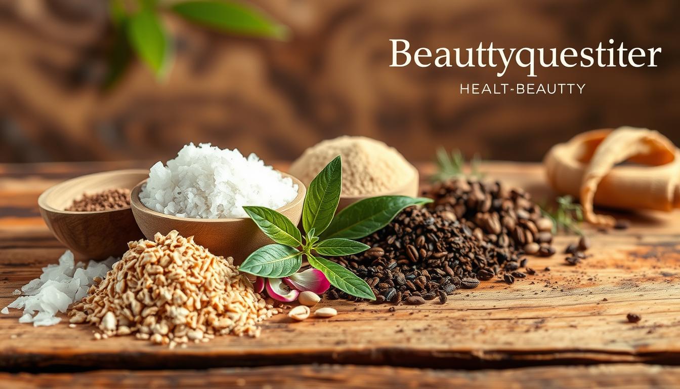A still life arrangement showcasing a selection of natural skincare exfoliants on a rustic wooden surface. In the foreground, a variety of rough, organic textures like sea salt, bamboo scrub, and coffee grounds are neatly arranged. The middle ground features a sprinkling of fresh leaves, petals, and herbs to evoke a sense of natural purity. Warm, soft lighting casts a gentle glow, creating a serene and spa-like atmosphere. In the background, a blurred, earthy backdrop complements the natural tones and materials. The Beautyquester | Health Beauty brand name is tastefully displayed in the corner.