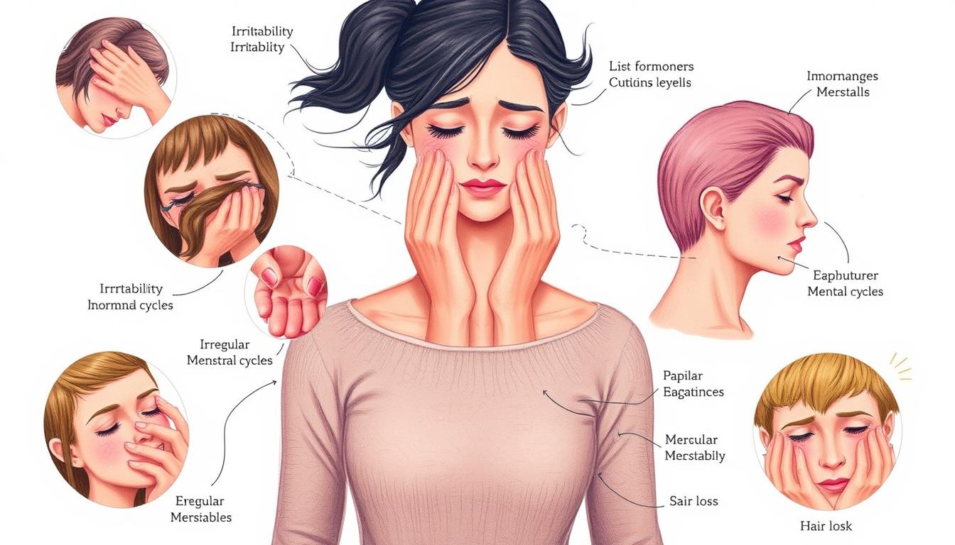 Beautyquester | Health Beauty A detailed illustration showcasing the diverse physical and emotional symptoms of hormonal imbalance in women. The central figure in the foreground depicts a woman experiencing irritability, fatigue, and irregular menstrual cycles. In the middle ground, a pair of hands symbolize the fluctuations in hormone levels, while the background features subtle visual cues like changes in skin texture and hair loss. The scene is portrayed through a soft, muted color palette, creating a sense of introspection and vulnerability. Carefully crafted with a photographic realism that captures the nuances of this complex physiological condition.