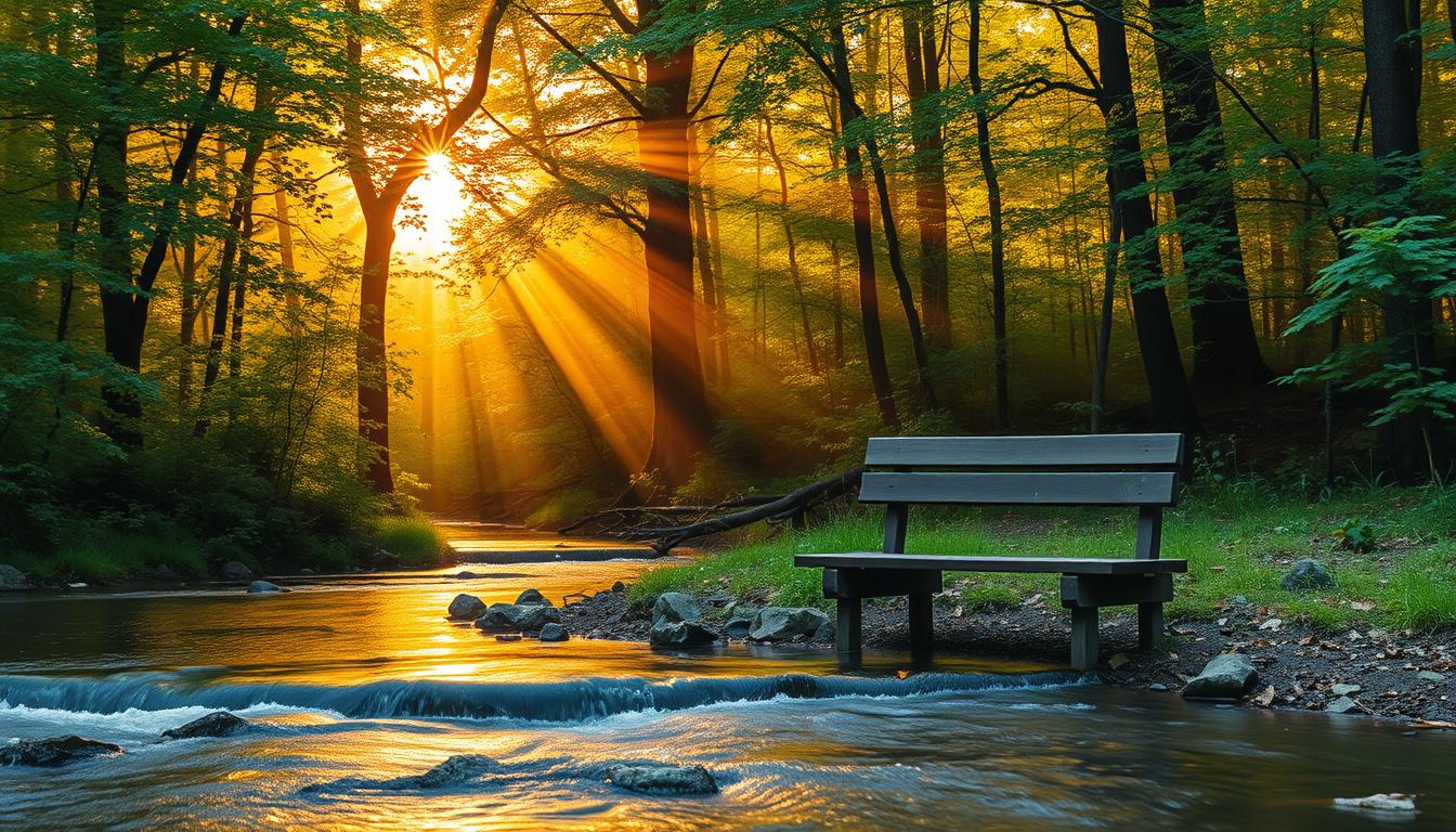 Naturally Boost Your Immunity: Effective Tips and Tricks Serene forest glade bathed in warm, golden light filtering through the lush, verdant canopy above. In the foreground, a tranquil stream flows gently, its soothing sounds inviting a moment of mindful contemplation. A picturesque wooden bench sits beside the water's edge, beckoning the viewer to pause, breathe deeply, and immerse themselves in the restorative powers of nature. Beautifully detailed, this scenic landscape promotes a sense of calm and well-being, embodying the essence of "nature therapy for immune strength". Beautyquester | Health Beauty.