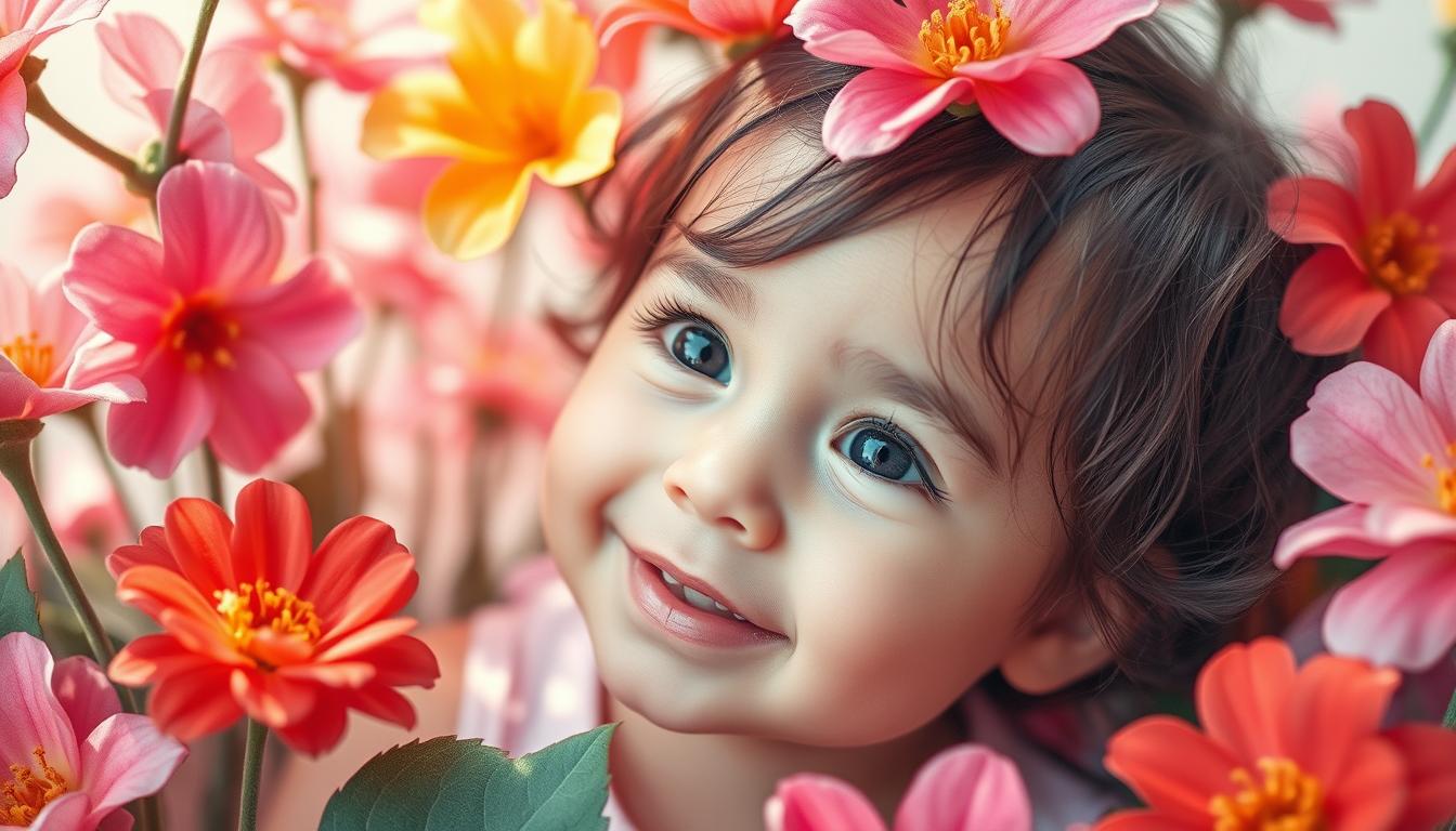 Tender, curious child surrounded by vibrant flowers and leaves, exploring the wonders of mental development. Soft, diffused lighting illuminates their joyful expression as they discover the world through wide-eyed fascination. Subtle brushstrokes of color and texture evoke a dreamlike, whimsical atmosphere. Beautyquester | Health Beauty