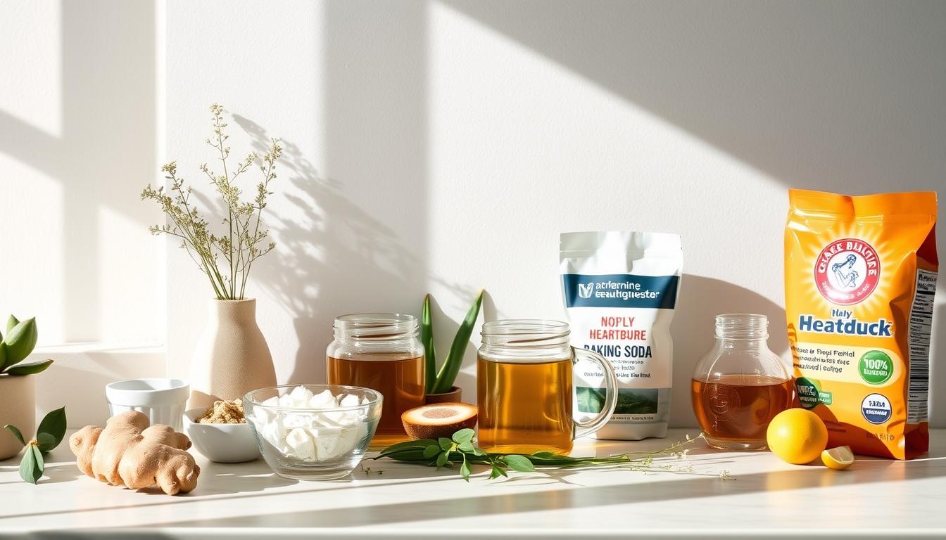 Beautyquester | Health Beauty - A sunlit countertop with an assortment of natural remedies for heartburn relief, including ginger, chamomile tea, aloe vera, baking soda, and other holistic ingredients. Soft lighting and a clean, minimalist background create a soothing, organic atmosphere. The arrangement evokes a sense of natural healing and well-being, inviting the viewer to explore these gentle, time-tested solutions for immediate heartburn relief.