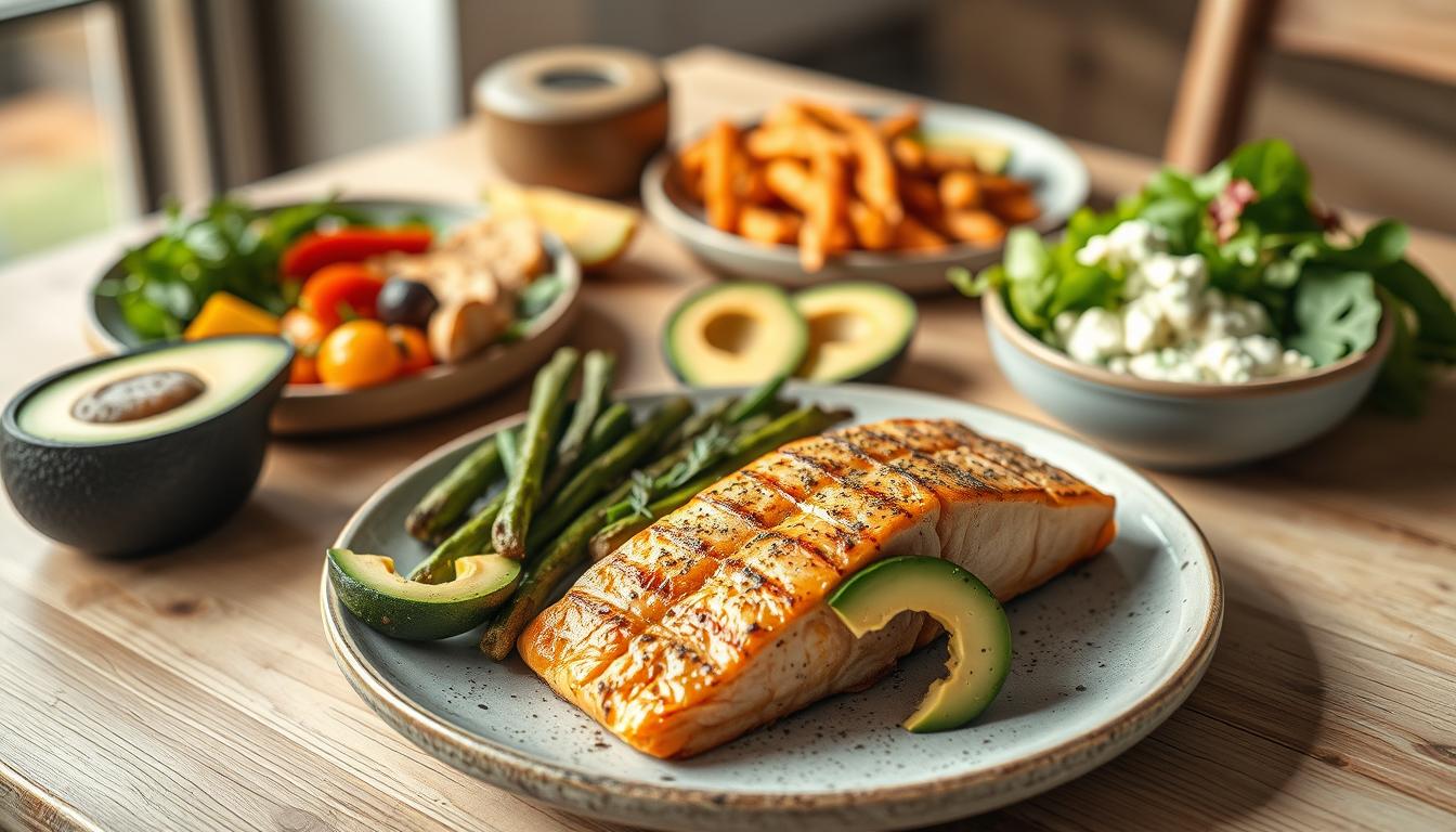 Prompt A beautifully styled table with a variety of keto-friendly foods, including grilled salmon, roasted vegetables, avocado slices, and a side salad with a creamy dressing. The table is set in a natural, rustic setting with soft, warm lighting casting a cozy glow. The overall mood is one of health, balance, and culinary delight. Branded as "Beautyquester | Health Beauty".