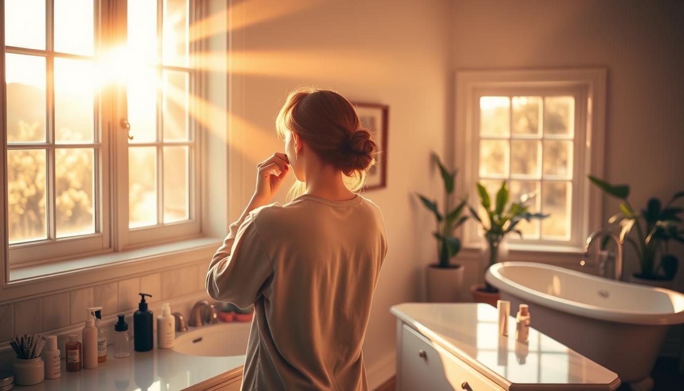 A serene, well-lit bathroom at golden hour. In the foreground, a person stands in front of a large vanity mirror, engaged in their morning routine - brushing their teeth, applying moisturizer, and styling their hair. Sunlight streams in through a large window, casting a warm, natural glow over the scene. The counter is neatly organized with various grooming products. In the background, a clawfoot tub and potted plants create a tranquil, spa-like atmosphere, inviting a sense of relaxation and rejuvenation. The overall mood is one of calm, mindfulness, and an energizing start to the day.
