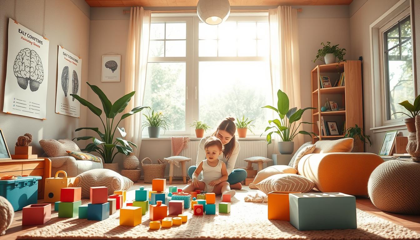 Beautyquester | Health Beauty A cozy, naturalistic indoor scene depicting the early stages of brain development. Sunlight filters through large windows, illuminating a nurturing, stimulating environment. In the foreground, vibrant educational toys, blocks, and textured surfaces invite a young child to explore and engage their senses. Soft, plush furnishings and warm, earthy tones create a calm, inviting atmosphere. Posters featuring anatomical diagrams of the developing brain hang on the walls, while shelves display child-friendly books on neuroscience. The middle ground features a caregiver sitting on the floor, guiding the child's play and discovery with gentle, attentive interactions. In the background, verdant houseplants and a nature scene visible through the windows suggest a connection to the natural world. Overall, the image conveys a sense of wonder, curiosity, and the optimal conditions for early brain development.