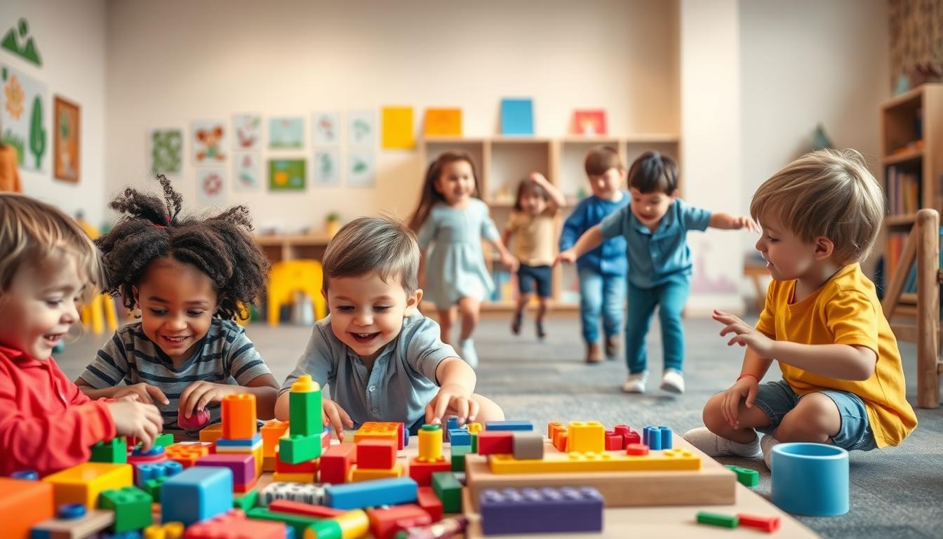 A vibrant, playful scene of children engaged in various activities that foster mental development. In the foreground, a group of kids playing with building blocks, puzzles, and other educational toys, their faces alight with concentration and joy. In the middle ground, a lively game of tag, with children chasing each other, their laughter echoing through the room. The background is a warm, inviting space, with colorful murals on the walls and cozy reading nooks. The lighting is soft and natural, creating a nurturing atmosphere. Beautyquester | Health Beauty