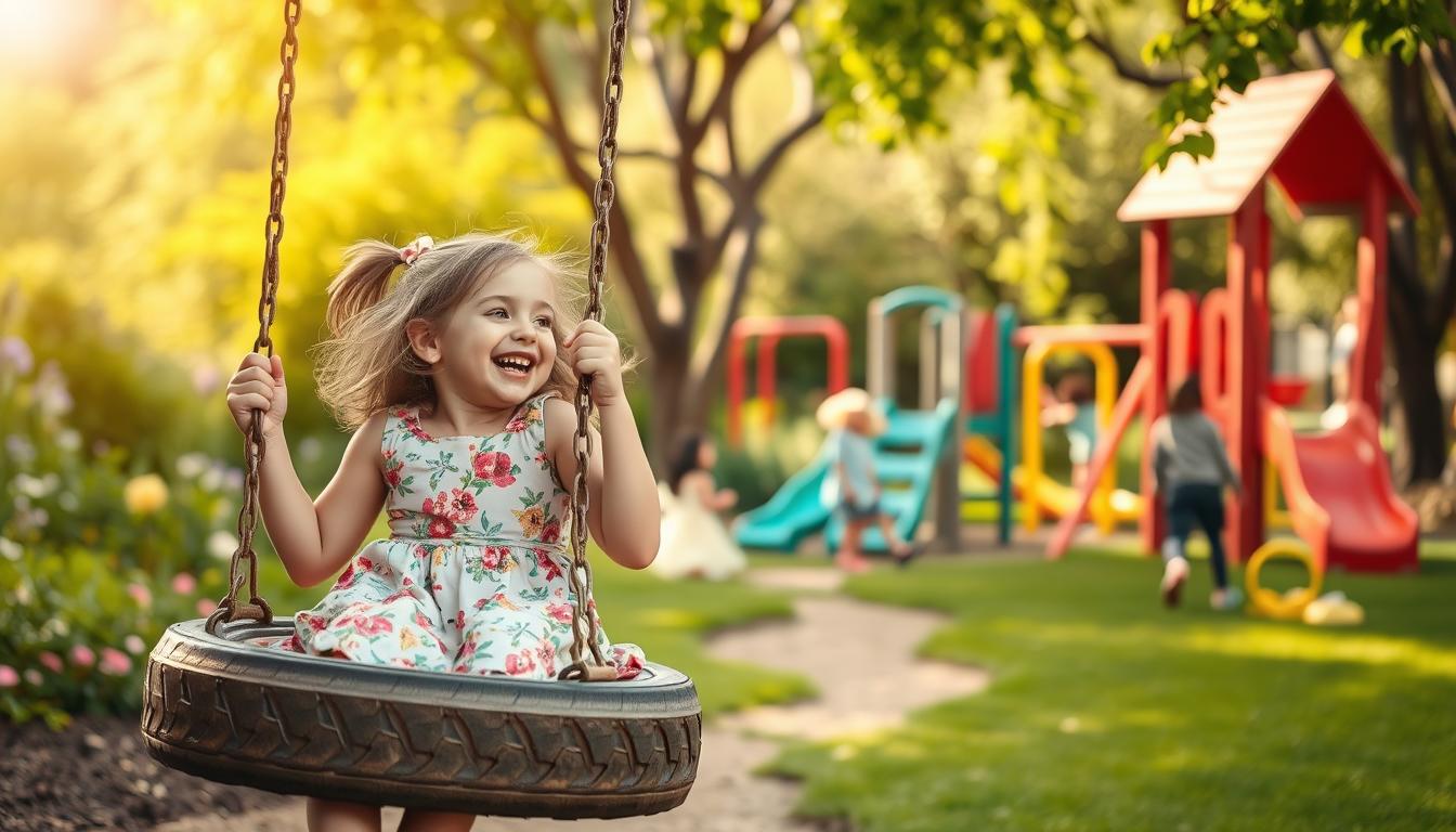 A whimsical, candid scene depicting the joyful importance of play in child development. In the foreground, a young girl in a floral dress gleefully swings on a wooden tire swing, her laughter and carefree expression radiating warmth. The middle ground features a lush, verdant playground with brightly colored slides and monkey bars, where other children playfully explore and discover. In the background, a beautiful, sun-dappled garden provides a serene, nurturing backdrop, suggesting the natural, vital role of play in a child's growth. Soft, golden lighting imbues the scene with a sense of wonder and enchantment. Beautyquester | Health Beauty.