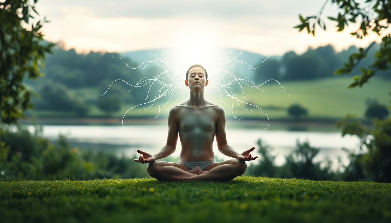 A serene and tranquil scene depicting the mind-body connection. In the foreground, a person is seated in a meditative lotus position, eyes closed, with an aura of peacefulness surrounding them. In the middle ground, wispy strands of energy or light emanate from the person's body, symbolizing the flow of vital force. The background features a lush, verdant landscape with a calming, natural atmosphere, possibly with a serene body of water or a peaceful sunset. The lighting is soft and diffused, creating a sense of warmth and well-being. Beautyquester | Health Beauty