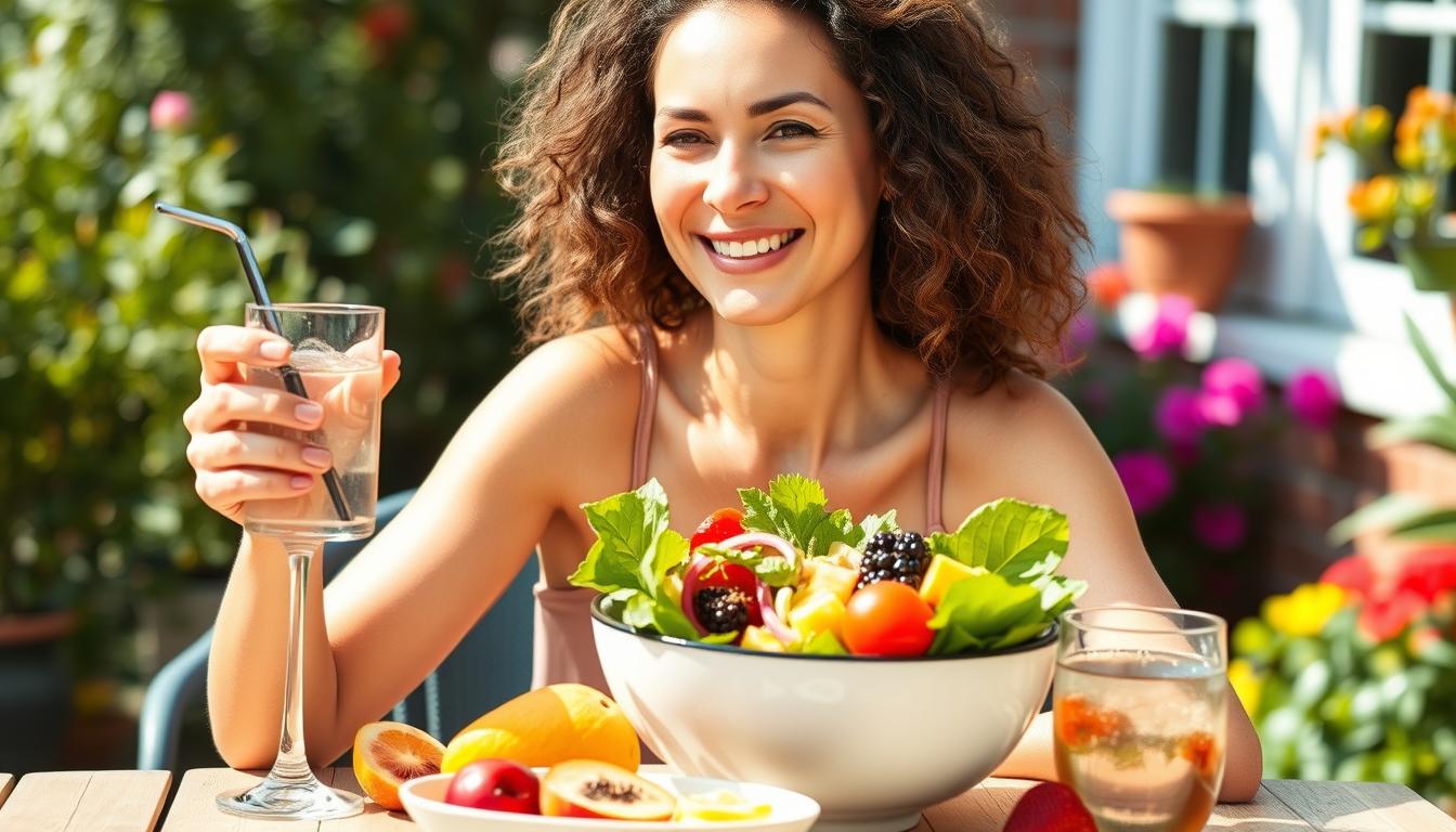 7-Day Healthy Eating Challenge for Natural Detox Woman enjoying a healthy meal outdoors after completing the 7-Day Healthy Eating Challenge