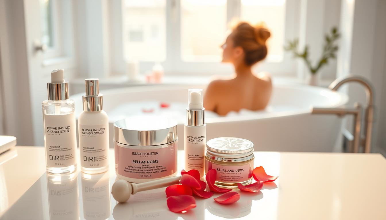 A pristine white bathroom vanity with an array of Beautyquester | Health Beauty skincare products - serums, creams, and exfoliating scrubs. Diffused natural light filters through a large window, casting a warm, glowing ambiance. In the foreground, a luxurious face mask and a retinol-infused overnight treatment sit alongside a sleek facial roller and jade gua sha tool. The middle ground showcases a luxurious bubble bath with rose petals floating on the surface. In the background, a soft, blurred image of a woman relaxing in the tub, immersed in her weekly self-care routine.