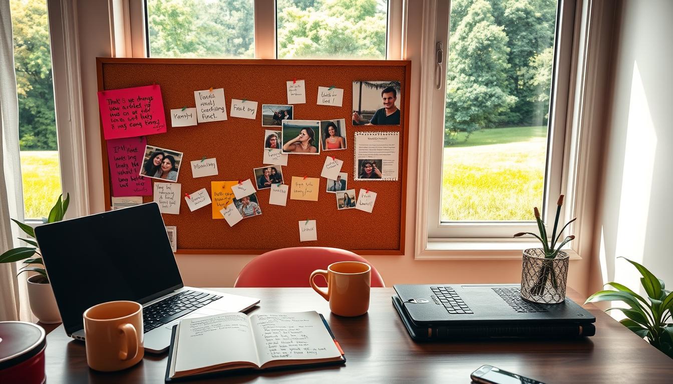A vibrant, well-lit home office setting with a cozy, motivational atmosphere. In the foreground, a desk featuring a laptop, coffee mug, and a notebook open to inspirational quotes. The middle ground showcases a corkboard adorned with handwritten notes, motivational post-its, and photographs of loved ones. In the background, a large window overlooks a lush, verdant landscape, bathing the scene in warm, natural light. The overall composition conveys a sense of focus, determination, and the drive to overcome challenges.