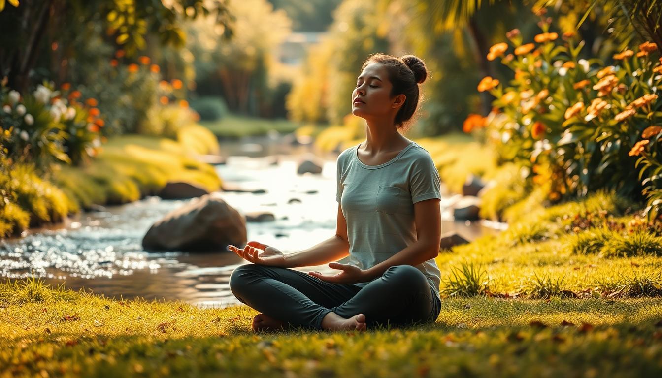 A serene, contemplative scene set in a lush, verdant garden. In the foreground, a person sits cross-legged on the ground, eyes closed, hands resting peacefully on their lap, exuding a sense of inner calm and mindfulness. The middle ground features a gently flowing stream, its soothing sounds and reflective surface creating a tranquil atmosphere. In the background, an array of vibrant flowers and foliage sway gently in a soft breeze, framing the scene with natural beauty. Warm, diffused sunlight filters through the canopy, bathing the entire composition in a soothing, golden glow. The overall mood is one of introspection, relaxation, and the harmonious connection between the individual and their natural surroundings.