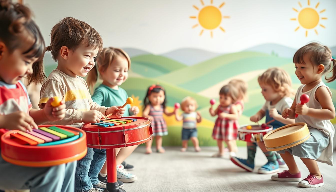 A vibrant, cheerful scene of children engaging in a variety of age-appropriate music activities. In the foreground, a group of young kids are playing colorful musical instruments like drums, xylophones, and maracas, their faces alight with joy. In the middle ground, others are dancing and moving to the rhythm, their bodies swaying gracefully. The background features a whimsical, illustrated landscape with rolling hills, fluffy clouds, and a sun beaming down warmly. The lighting is soft and natural, creating a soothing, inviting atmosphere. Beautyquester | Health Beauty