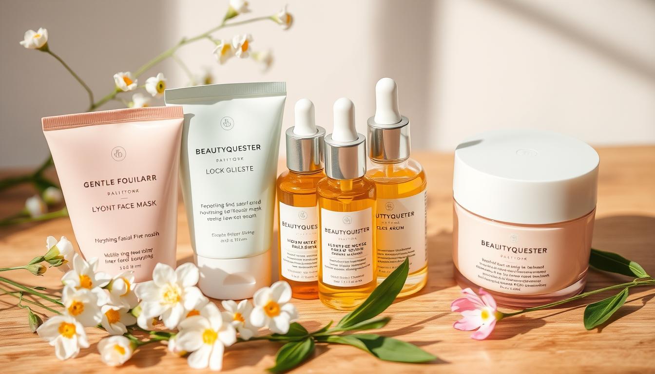 Springtime skincare routine, soft pastel tones, natural lighting, close-up. Beautifully arranged selection of premium Beautyquester | Health Beauty products: gentle exfoliating scrub, hydrating face mask, nourishing facial oil, smoothing serum, and moisturizing cream. Wooden table surface, with delicate flowers and fresh greenery accents. Sense of tranquility, renewal, and radiant, glowing skin.