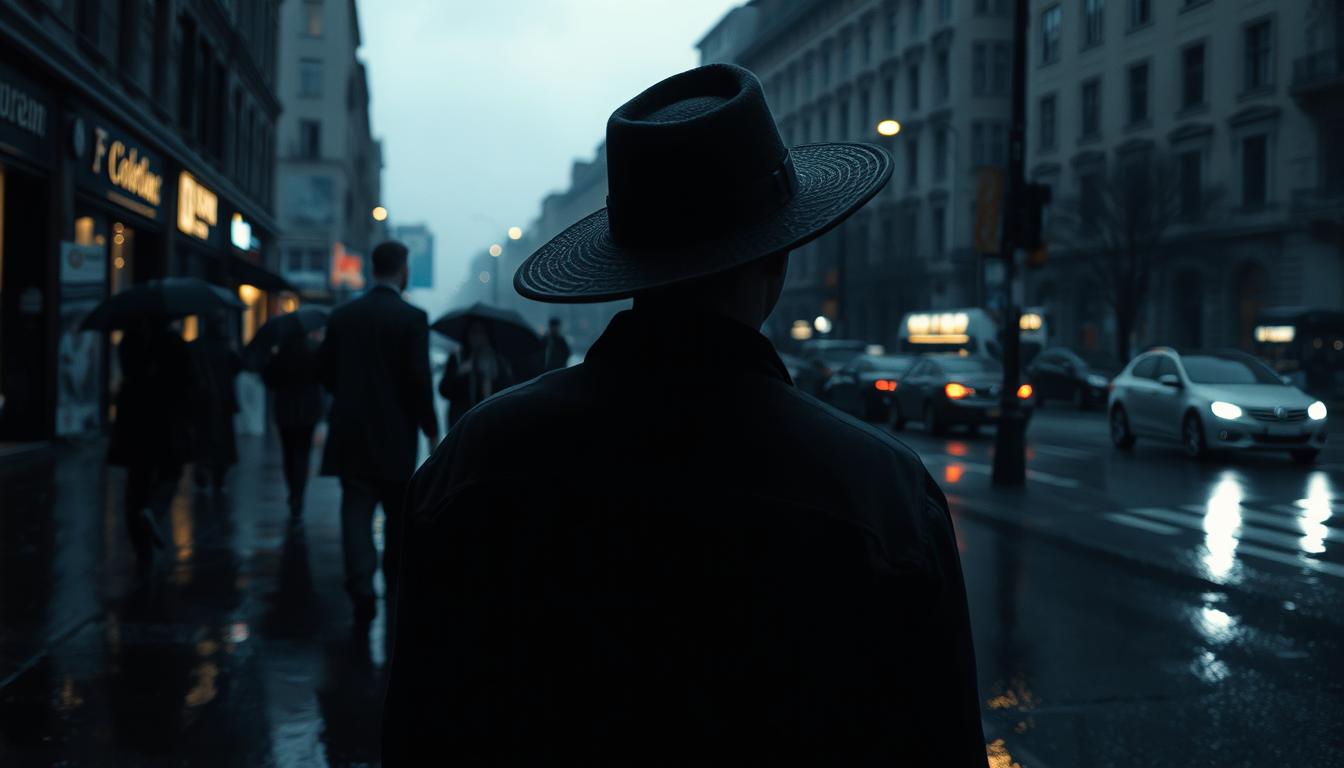 A dimly lit city street on a rainy evening, puddles reflecting the muted lights of shops and streetlamps. Silhouettes of people hurrying by with umbrellas, their expressions somber and withdrawn. In the background, a gray, overcast sky, the air thick with the melancholic scent of petrichor. A lone figure, shoulders hunched, stands apart, gazing out at the dreary scene, their face partially obscured by the shadow of a wide-brimmed hat. Soft, diffused lighting casts a melancholic, bluish hue over the entire composition, evoking a sense of isolation and the "rainy day blues" phenomenon.