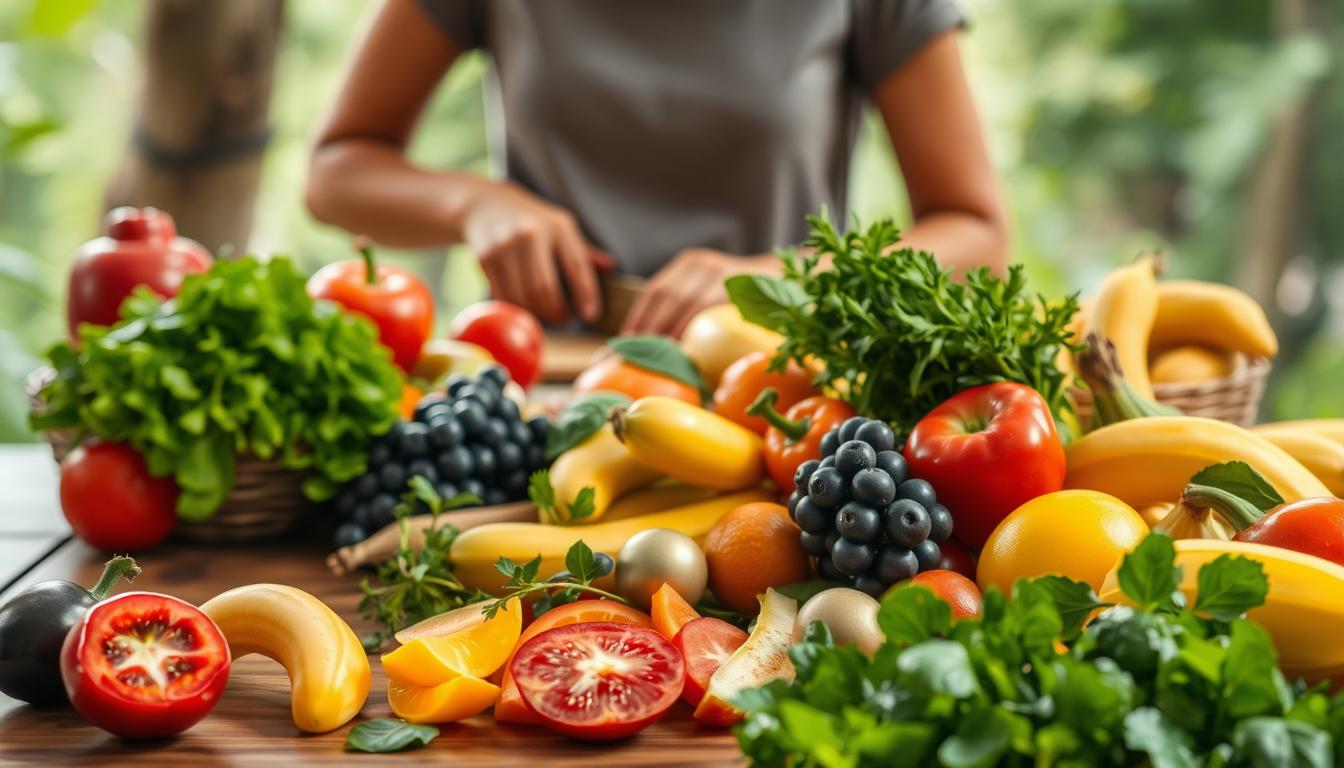 A vibrant and tranquil scene showcasing healthy eating habits for mental well-being. In the foreground, an assortment of fresh, colorful fruits and vegetables are neatly arranged on a wooden table, exuding a sense of purity and nourishment. The middle ground features a person engaged in mindful meal preparation, chopping and arranging the ingredients with care. The background depicts a serene, natural setting with lush greenery and soft, diffused lighting, creating a calming atmosphere conducive to a balanced mental state. The overall composition conveys the harmony between wholesome, mindful nutrition and mental health, inspiring the viewer to adopt a healthier lifestyle.