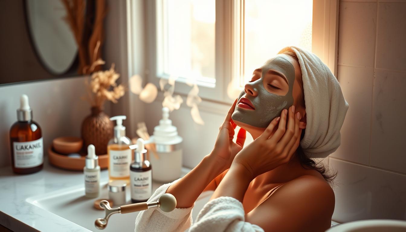 A serene morning bathroom scene, soft morning light filtering through a window, a vanity with an array of skincare products from https://www.beautyquester.com arranged neatly - cleansers, serums, moisturizers, and tools like a jade roller. A person's hands gently applying a nourishing face mask, their face relaxed and glowing. Wisps of steam from a steaming cup of tea or coffee in the background, creating a cozy, tranquil atmosphere. Warm, earthy tones with hints of pastel accents. A visually calming, rejuvenating scene that evokes a peaceful morning ritual.
