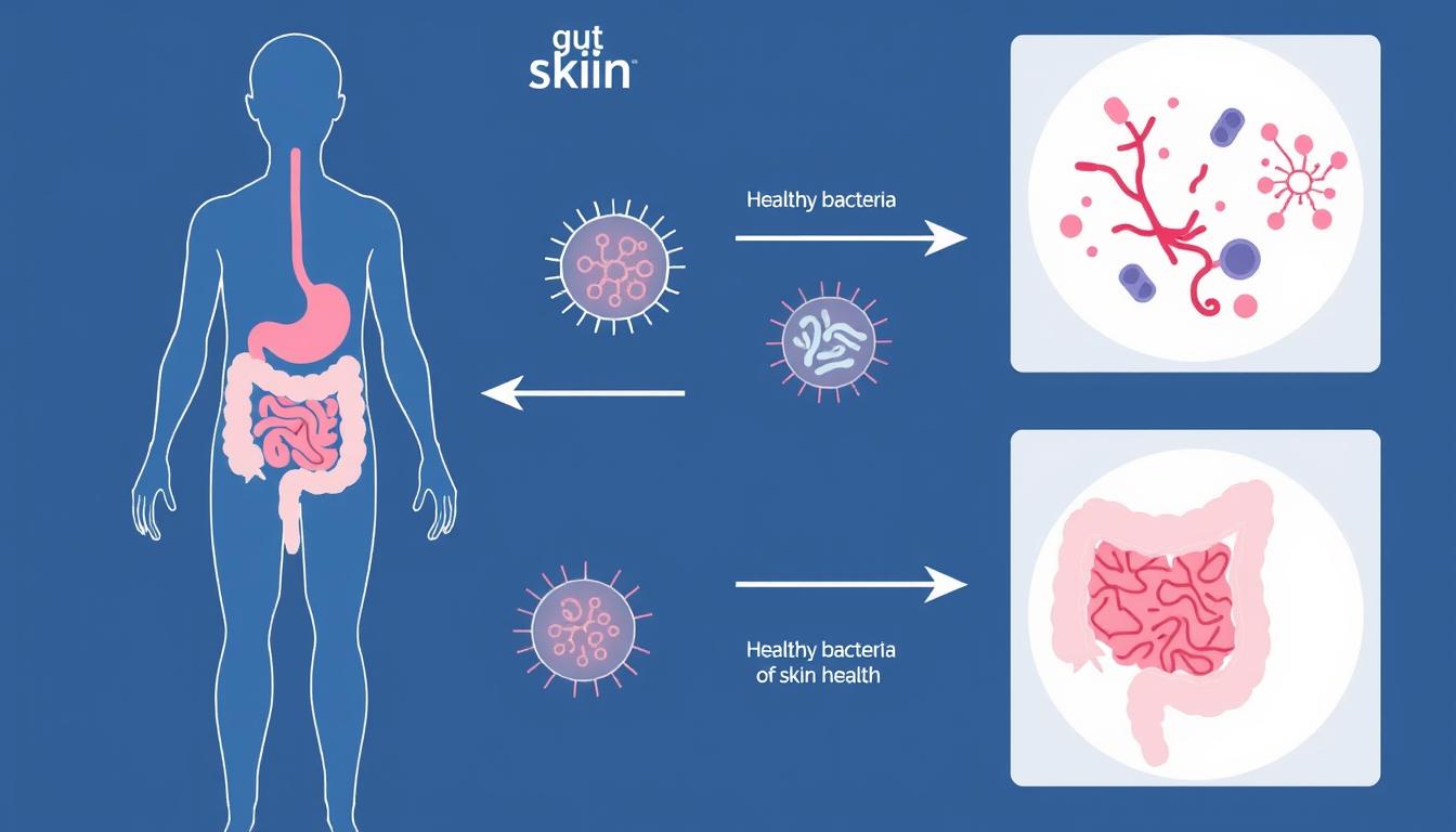 Gut Health and Glowing Skin: The Hidden Connection Diagram showing the gut-skin axis connection with bacteria influencing skin health