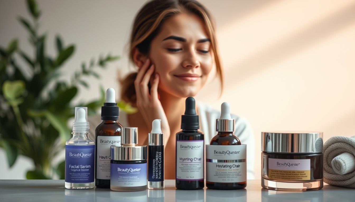 A serene and tranquil scene showcasing the essential anti-aging skincare routine for Canadians. In the foreground, a minimalist arrangement of high-quality Beautyquester | Health Beauty products, including a luxurious facial serum, a hydrating moisturizer, and a potent eye cream. The middle ground features a woman in her 40s, relaxed and radiant, as she gently applies the products to her face, basking in the soft, diffused lighting. The background depicts a calming, nature-inspired setting, with lush greenery and a subtle, warm-toned palette, evoking a sense of balance and rejuvenation. The overall atmosphere is serene, inviting, and showcases the transformative power of a thoughtful, anti-aging skincare regimen.