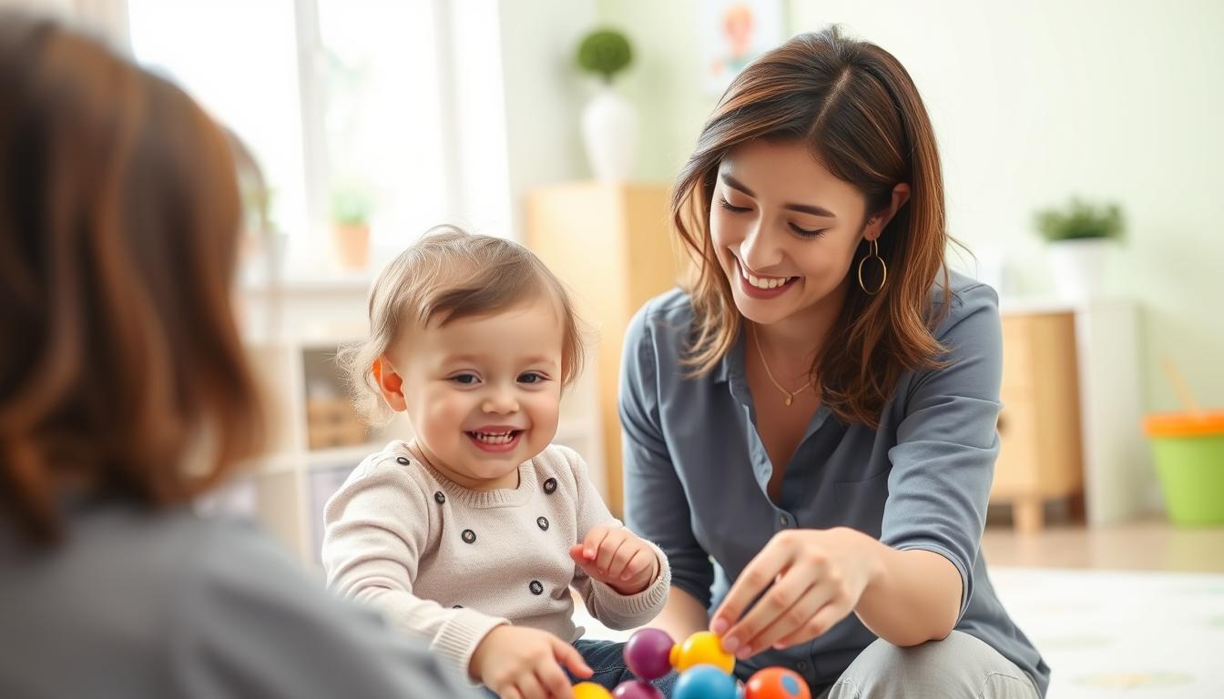 Speech therapist working with a young child showing early signs of speech delay