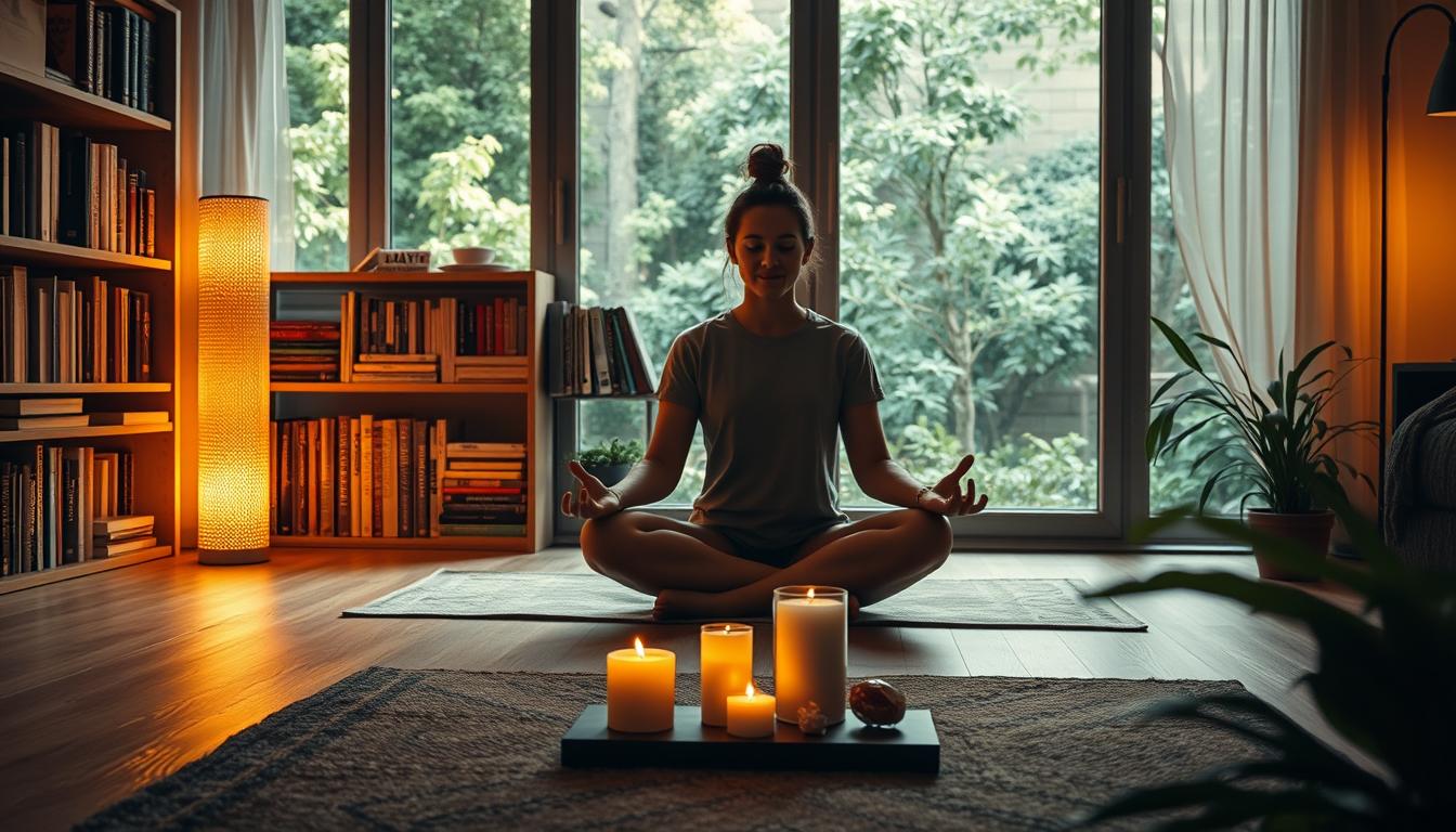 A dimly lit room with warm, soft lighting that casts a calming glow. In the foreground, a person sits cross-legged on the floor, deep in meditation, their expression serene and focused. Behind them, a wall of bookshelves holds an array of self-help books and mindfulness journals. In the middle ground, a small coffee table displays an arrangement of candles, incense, and crystals, creating a soothing, introspective atmosphere. The background features a large window overlooking a tranquil garden, with lush greenery and the gentle movement of leaves in the breeze, conveying a sense of connection to nature and inner peace.
