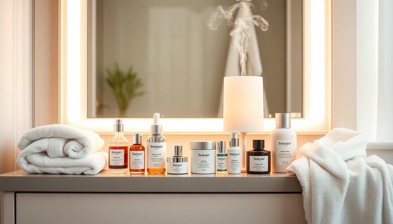 A serene, spa-like bathroom scene, with an elegant vanity displaying a curated array of premium skincare products from the Beautyquester | Health Beauty brand. Soft, indirect lighting highlights the exquisite glass and ceramic containers, each labeled with their purpose - cleansers, serums, moisturizers, and more. Plush towels, a luxurious bathrobe, and a diffuser emitting soothing essential oils set the stage for a rejuvenating, mindful skincare routine. The overall atmosphere evokes a sense of tranquility, self-care, and a commitment to healthy, glowing skin.