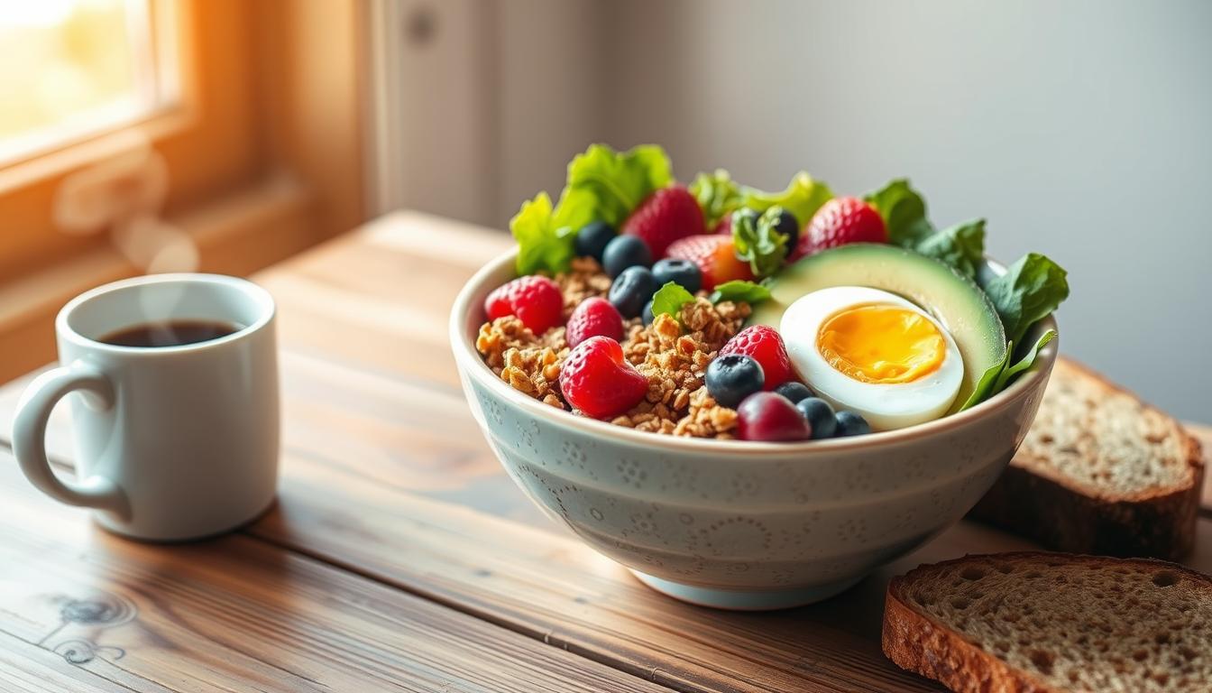 A beautifully arranged breakfast bowl filled with colorful, nutrient-dense ingredients - crisp greens, juicy berries, creamy avocado, crunchy granola, and a soft-boiled egg, all bathed in warm golden light from a large window. The ceramic bowl sits on a rustic wooden table, with a mug of steaming coffee and a slice of toasted whole-grain bread nearby, creating a harmonious and inviting scene for the "Nourishing Breakfast Rituals for Sustained Energy" section of the article on "Energizing Morning Rituals" featured on https://www.beautyquester.com.