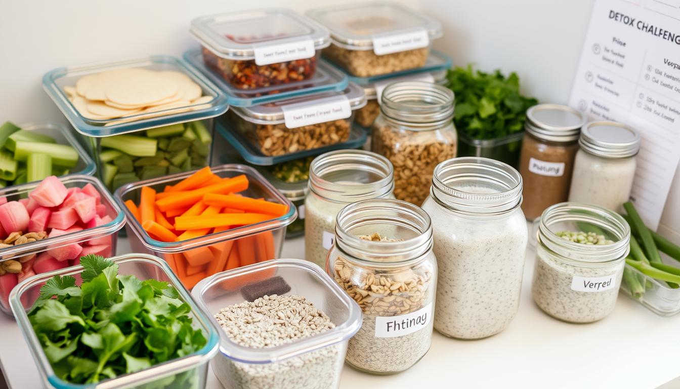 7-Day Healthy Eating Challenge for Natural Detox Meal preparation for the 7-Day Healthy Eating Challenge showing containers with prepped ingredients