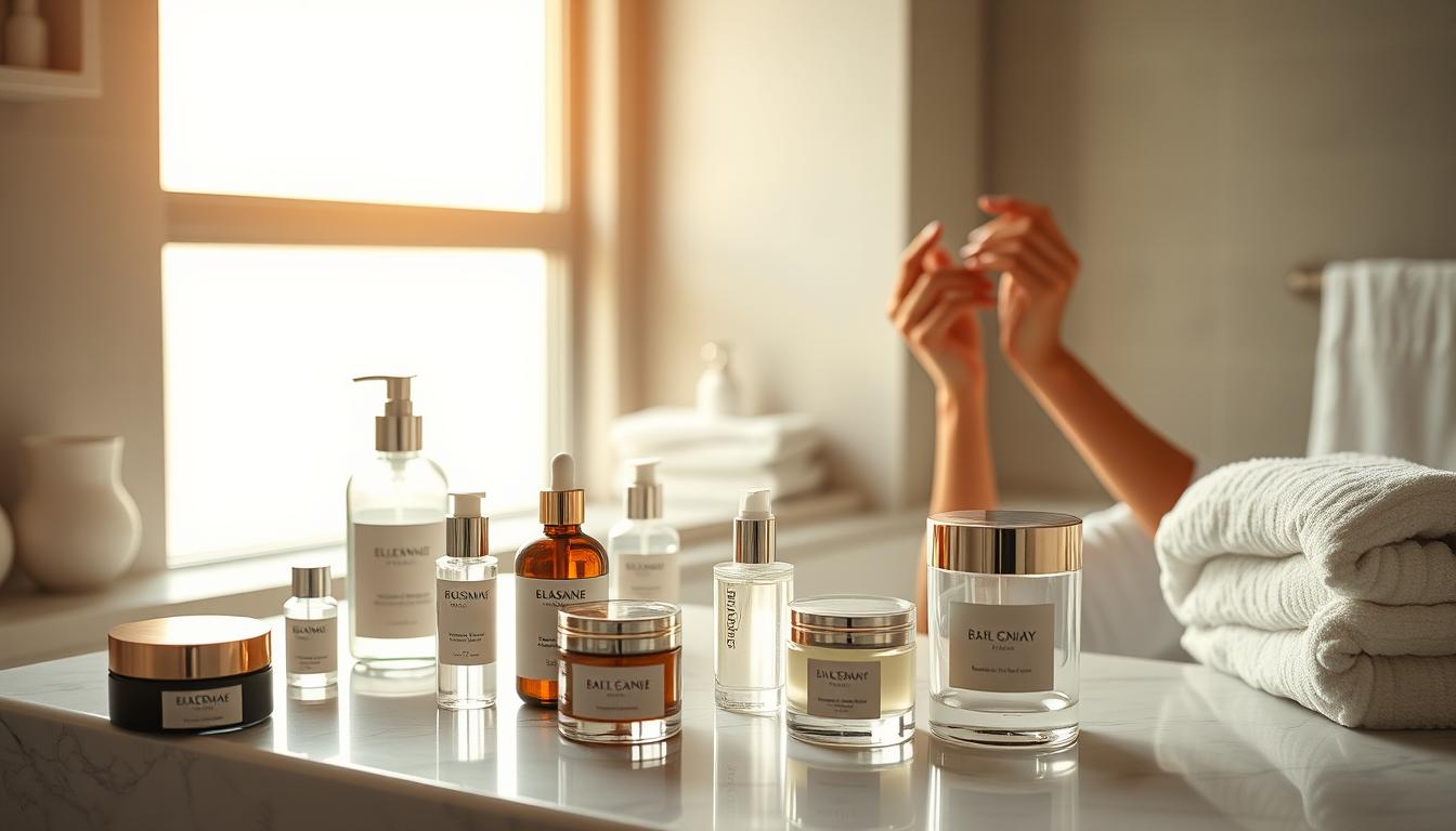Beautyquester | Health Beauty - A serene, minimalist bathroom scene showcasing a woman's daily skincare routine. In the foreground, elegant glass bottles and jars containing cleansers, serums, and moisturizers are neatly arranged on a marble countertop. The woman's hands delicately apply products, her movements deliberate and focused. Warm, diffused lighting from a large window casts a soft glow, creating an atmosphere of tranquility and self-care. In the background, a simple, neutral-toned tile wall and plush towels add to the sense of calm. The overall composition emphasizes the ritual and intention behind the daily skincare routine.