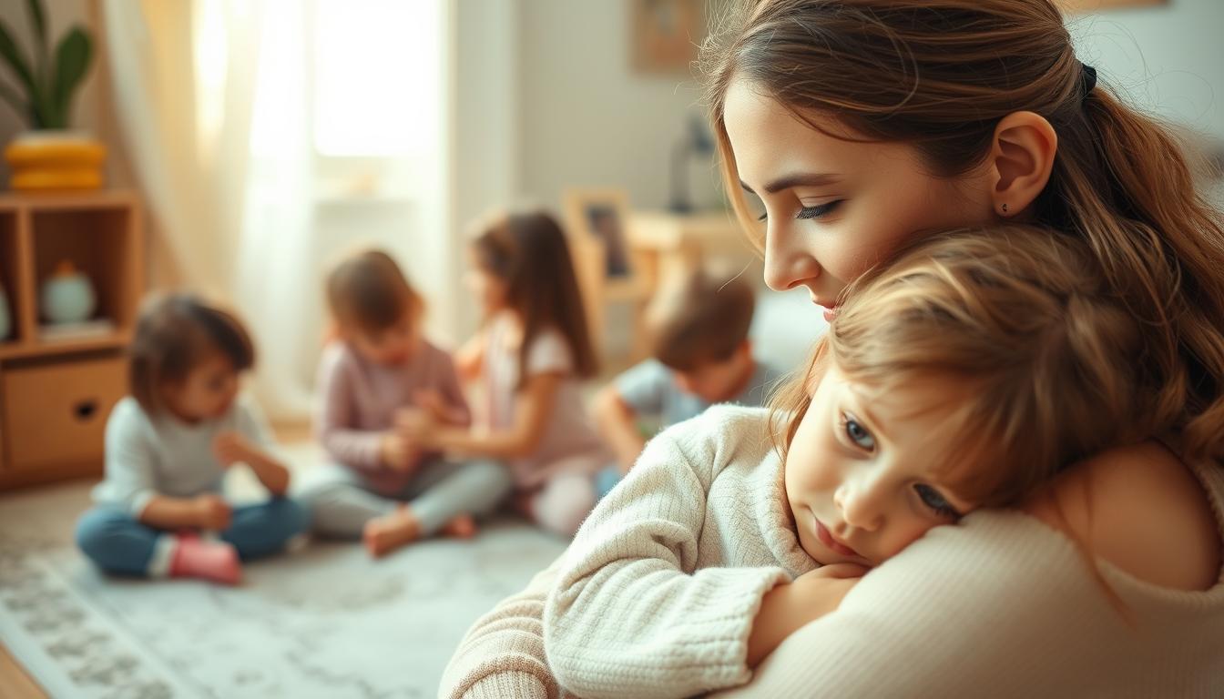 Beautyquester | Health Beauty A warm, emotive scene depicting the nurturing of emotional intelligence in young children. In the foreground, a mother tenderly cradles her daughter, their expressions conveying a deep bond and understanding. Soft, natural lighting illuminates their faces, highlighting the girl's inquisitive, thoughtful gaze. In the middle ground, a group of children engage in imaginative play, their body language and interactions reflecting empathy, cooperation, and self-awareness. The background features a cozy, inviting indoor setting, perhaps a playroom or family living space, with muted colors and tactile textures that create a sense of comfort and security. The overall mood is one of gentle guidance, emotional attunement, and the joyful exploration of feelings and social dynamics.